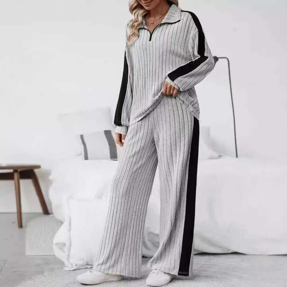 Ribbed Knit Striped Wide Leg Pants Two Piece Set