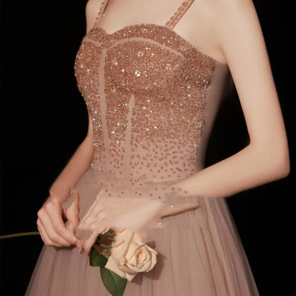 Rose Gold Sequin Suspender Dinner Dress
