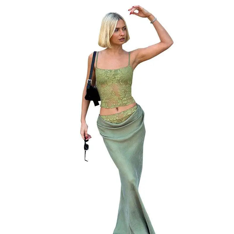 Sage Green Lace Backless Tube Stitching Ruffle Hip Suit