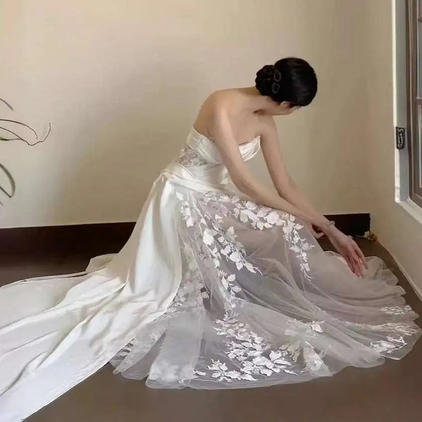 Satin Lace Tube Top Fishtail Wedding Dress