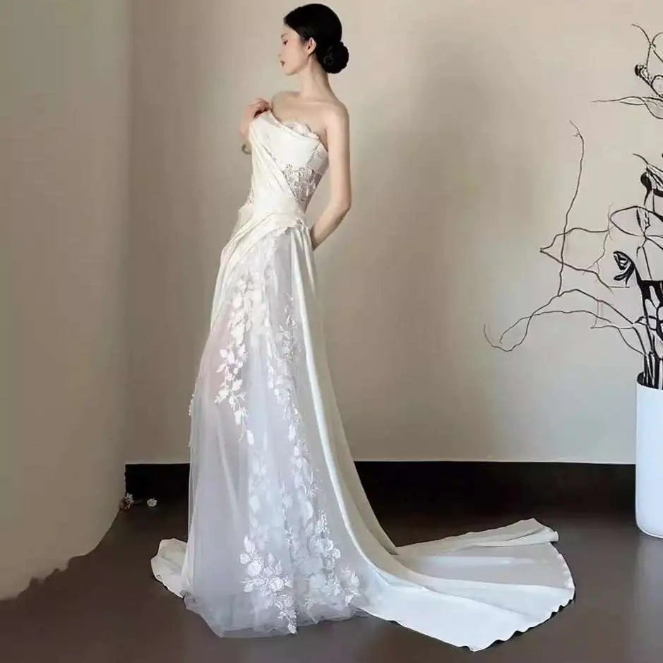 Satin Lace Tube Top Fishtail Wedding Dress