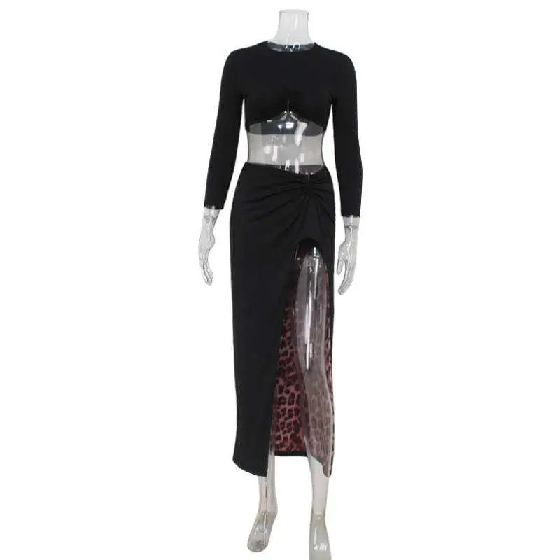 Sexy Navel Leopard Print Long Sleeve Dress Suit