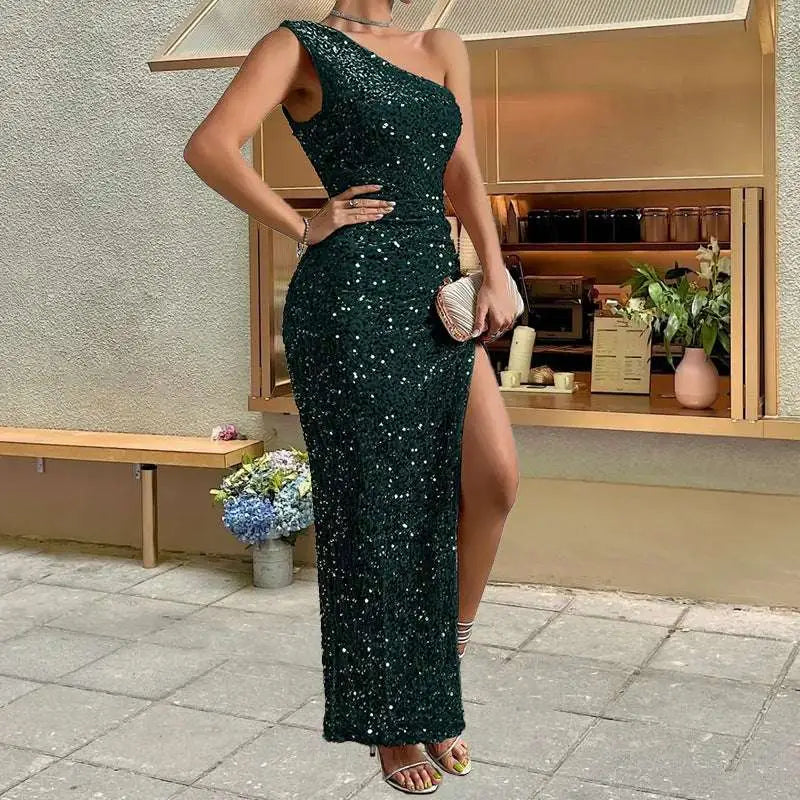 Sequined One-Shoulder Split Dress