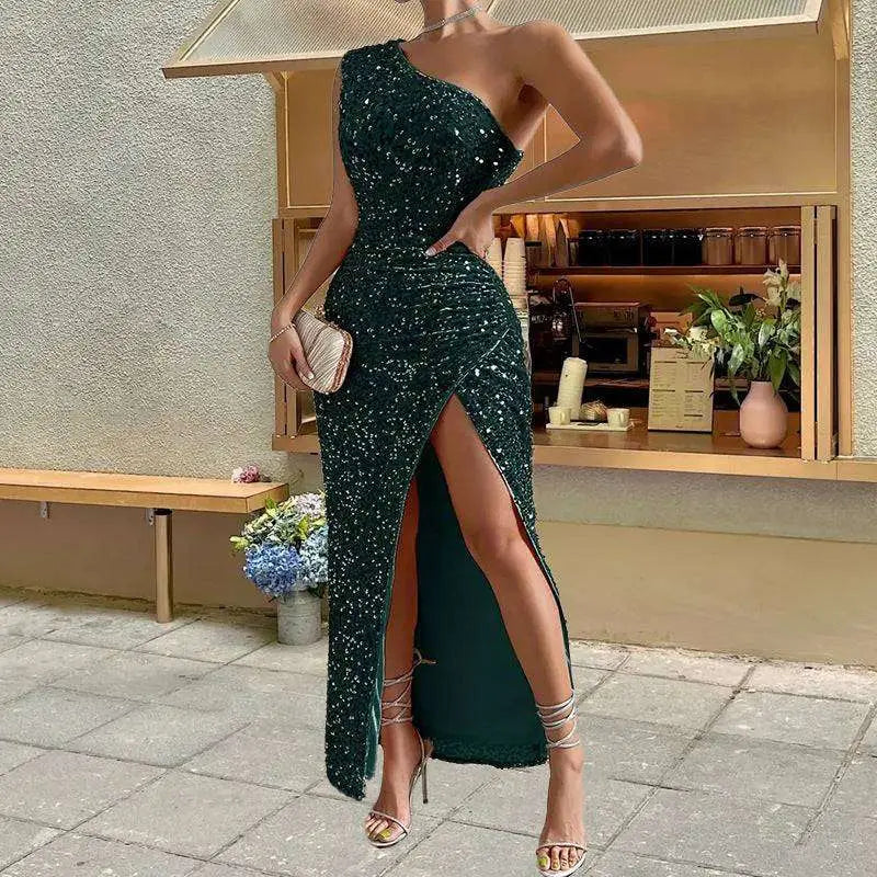 Sequined One-Shoulder Split Dress