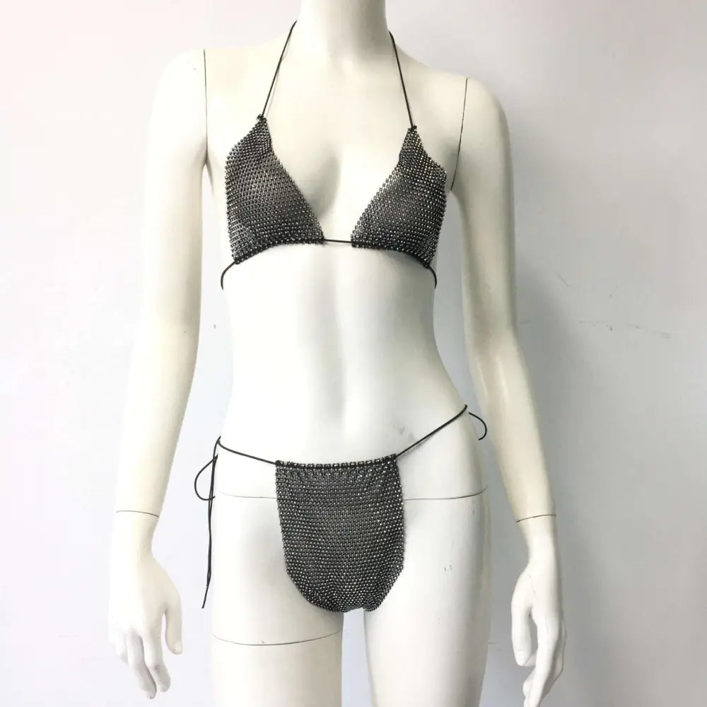 Silver Chainmail Stretch Fishnet Rhinestone Tight Suit
