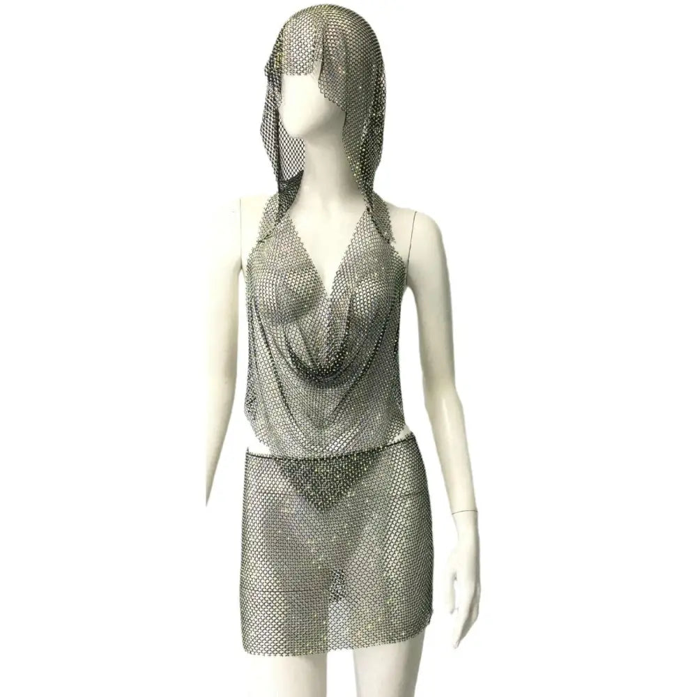 Silver Chainmail Stretch Fishnet Rhinestone Tight Suit