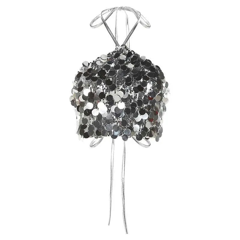 Silver Halter Backless Sequined Vest