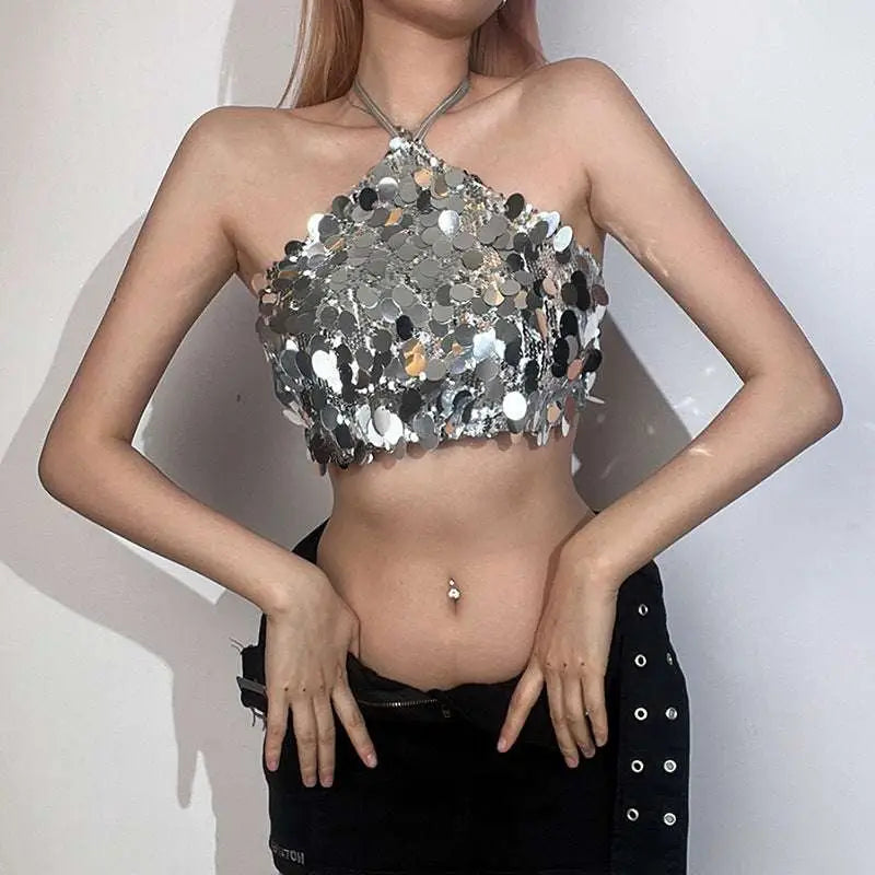 Silver Halter Backless Sequined Vest