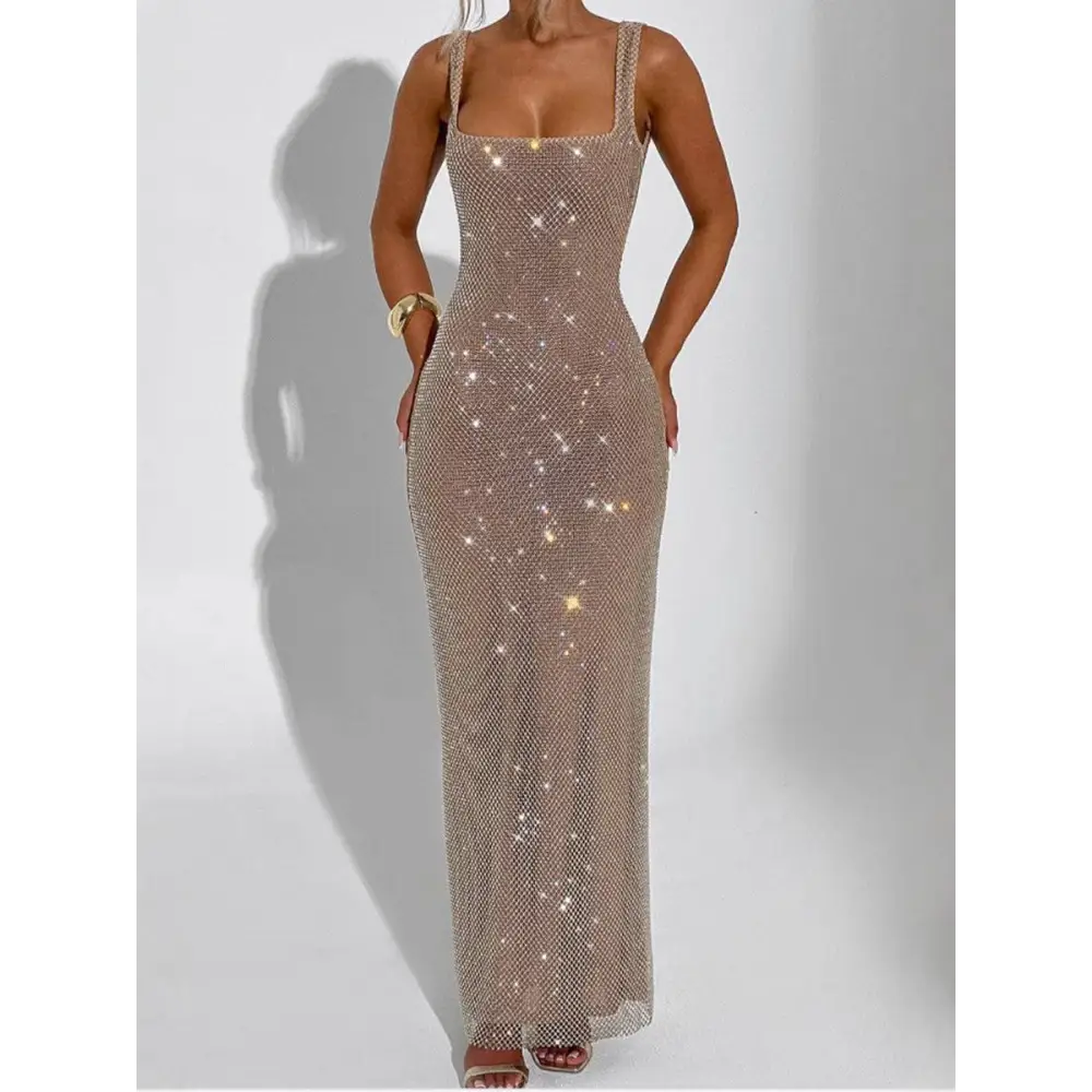 Silver Sequin Mesh Suspender Gown