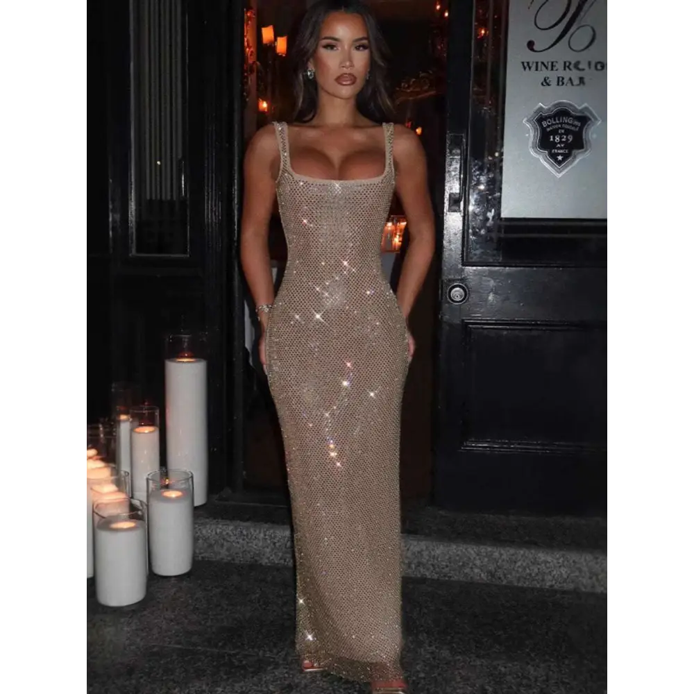 Silver Sequin Mesh Suspender Gown