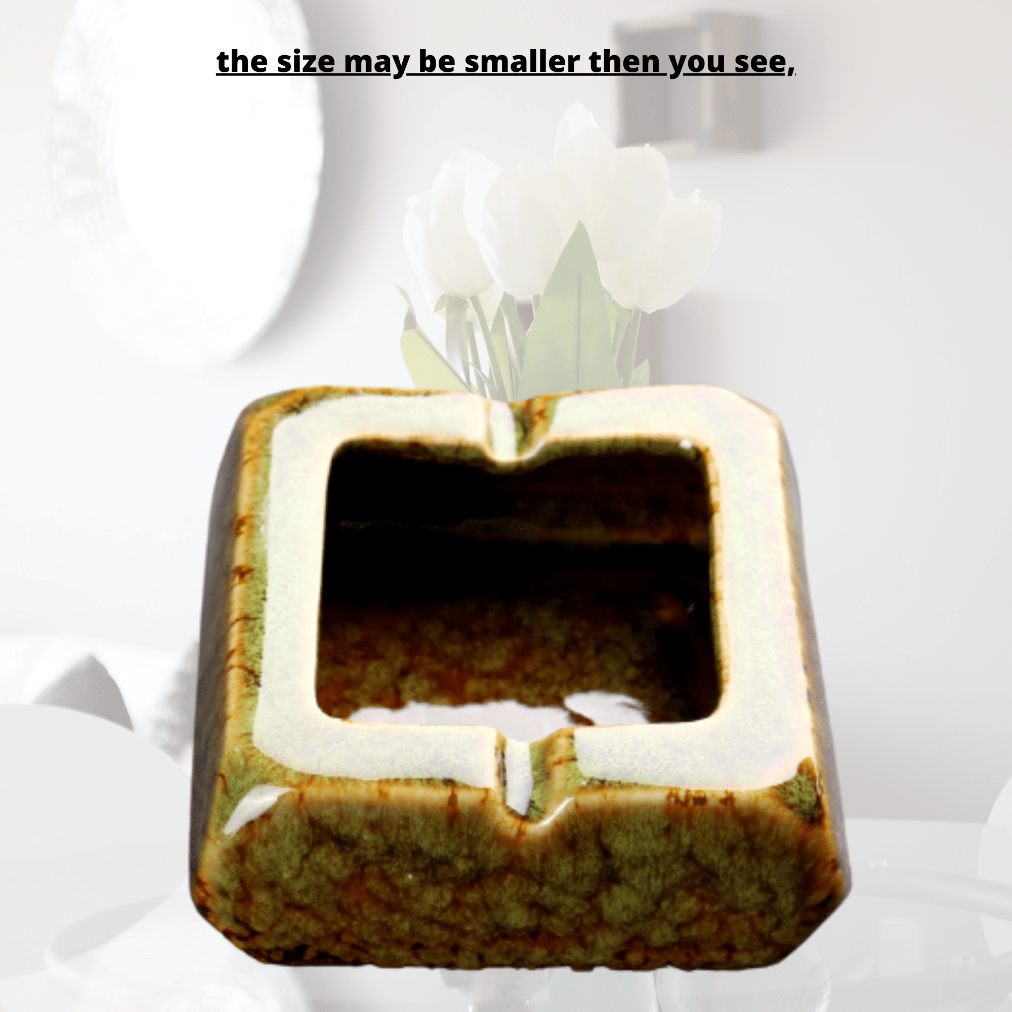 Square Glossy Ceramic Ashtray + Flameless Lighter (GREENISH)