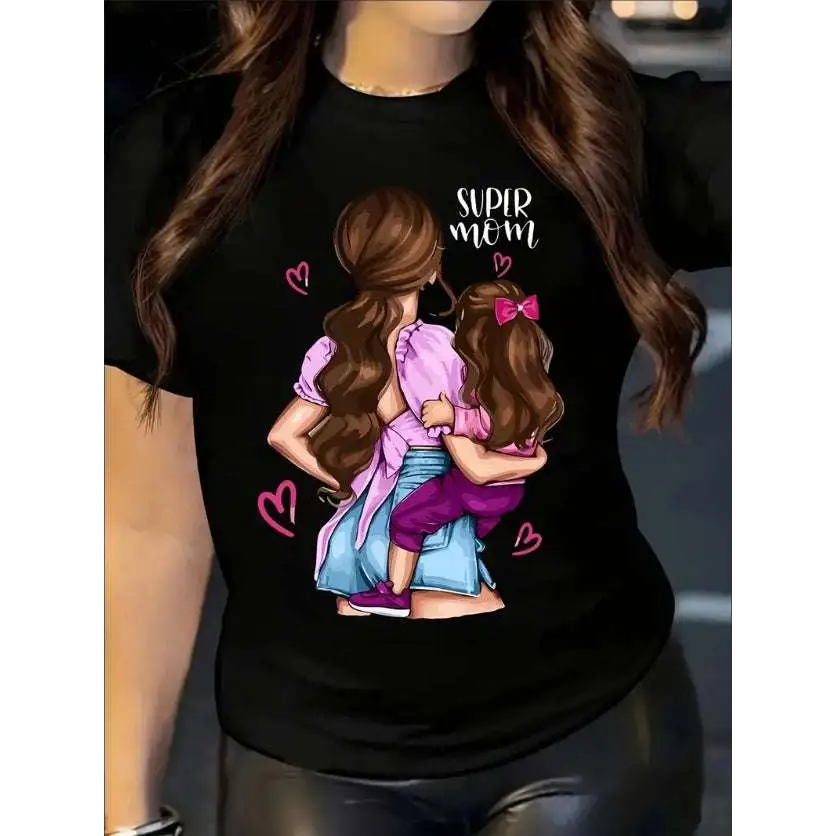 Super Mom Figure Print Crew Neck T-Shirt