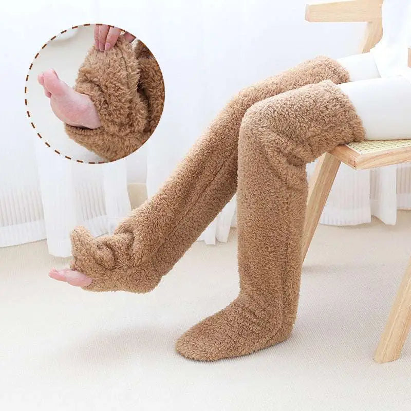 Tan Paw Print Fuzzy Long Socks