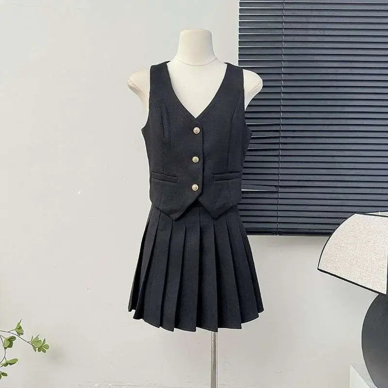 V-Neck Vest and High Waist Pleated Skirt Two-Piece Set