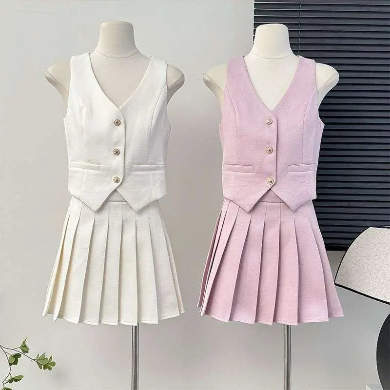 V-Neck Vest and High Waist Pleated Skirt Two-Piece Set