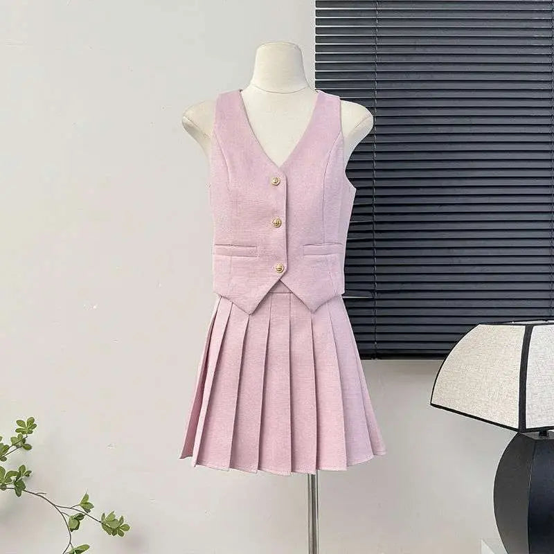 V-Neck Vest and High Waist Pleated Skirt Two-Piece Set