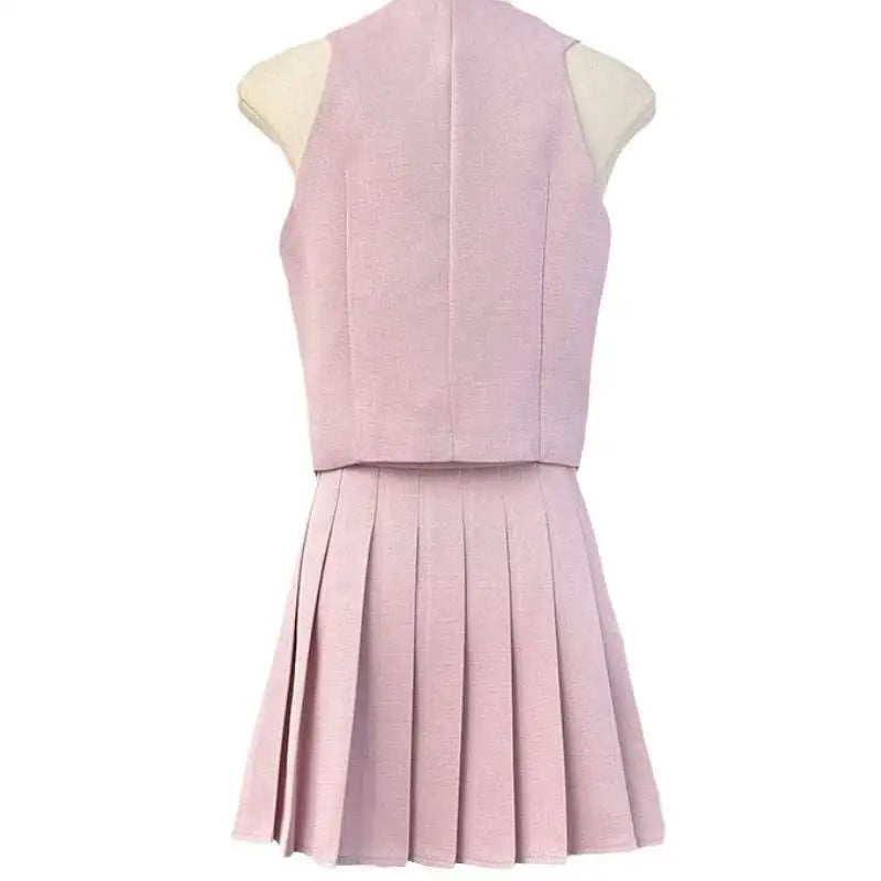 V-Neck Vest and High Waist Pleated Skirt Two-Piece Set