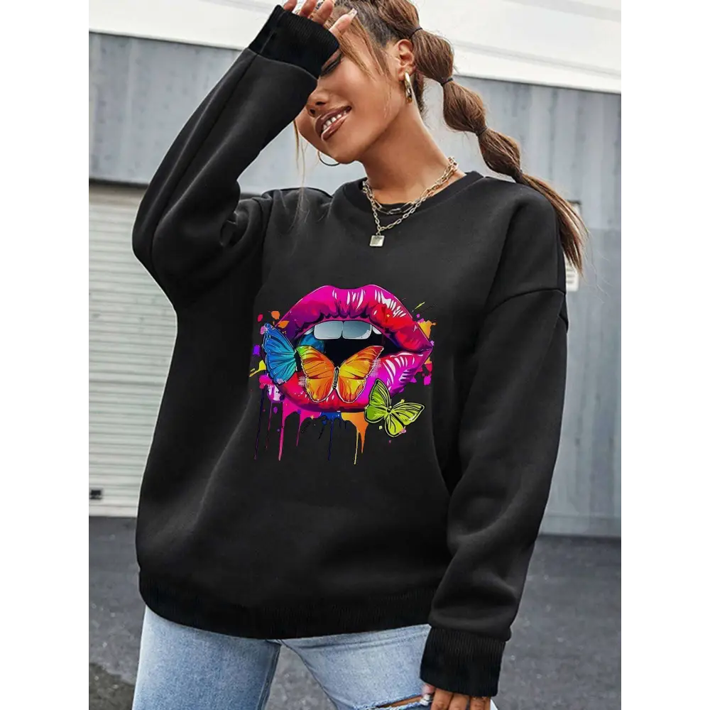 White Butterfly Lips Graphic Crew Neck Sweatshirt