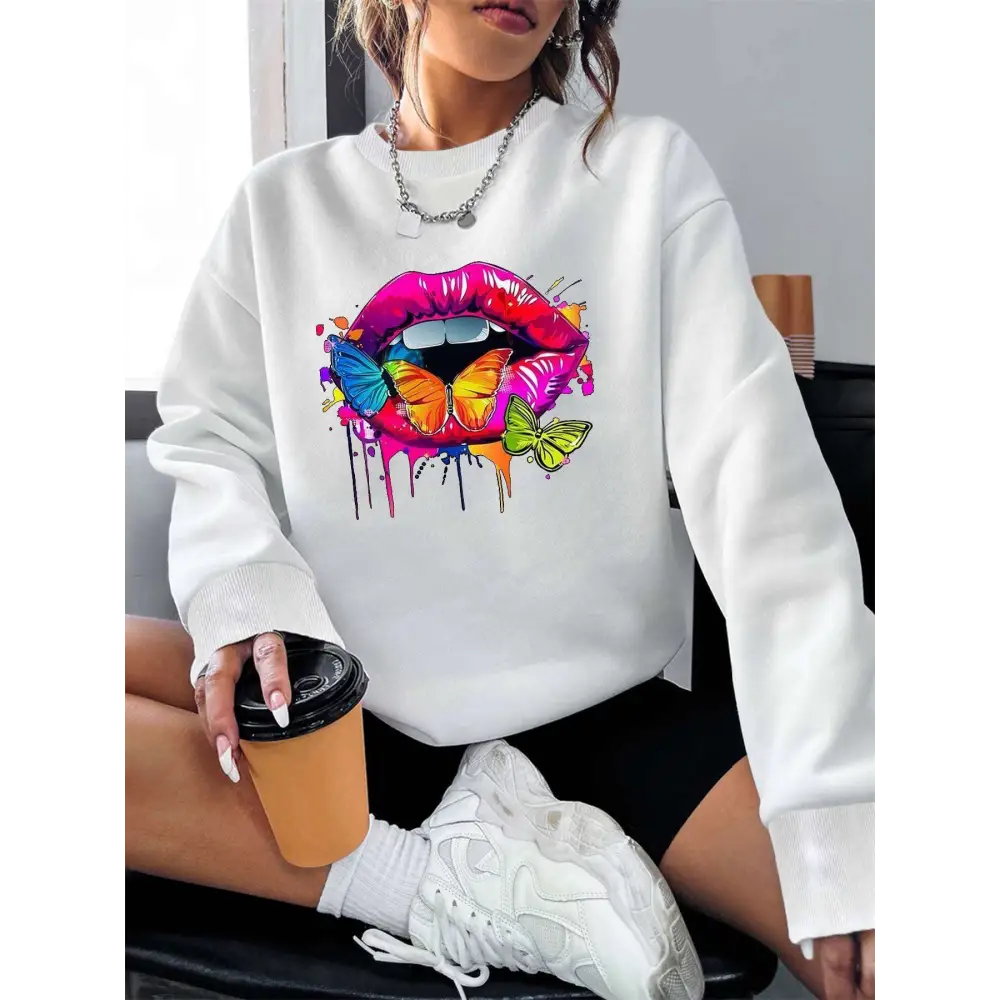 White Butterfly Lips Graphic Crew Neck Sweatshirt