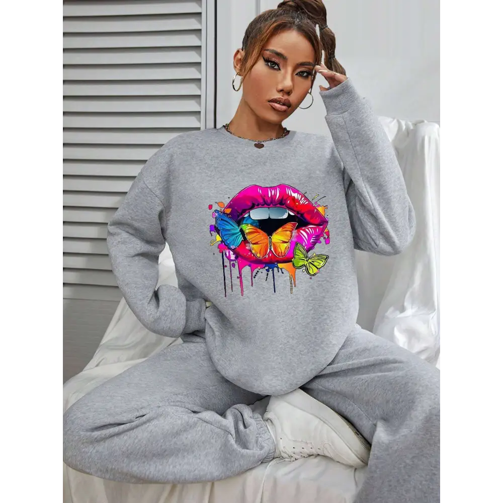 White Butterfly Lips Graphic Crew Neck Sweatshirt