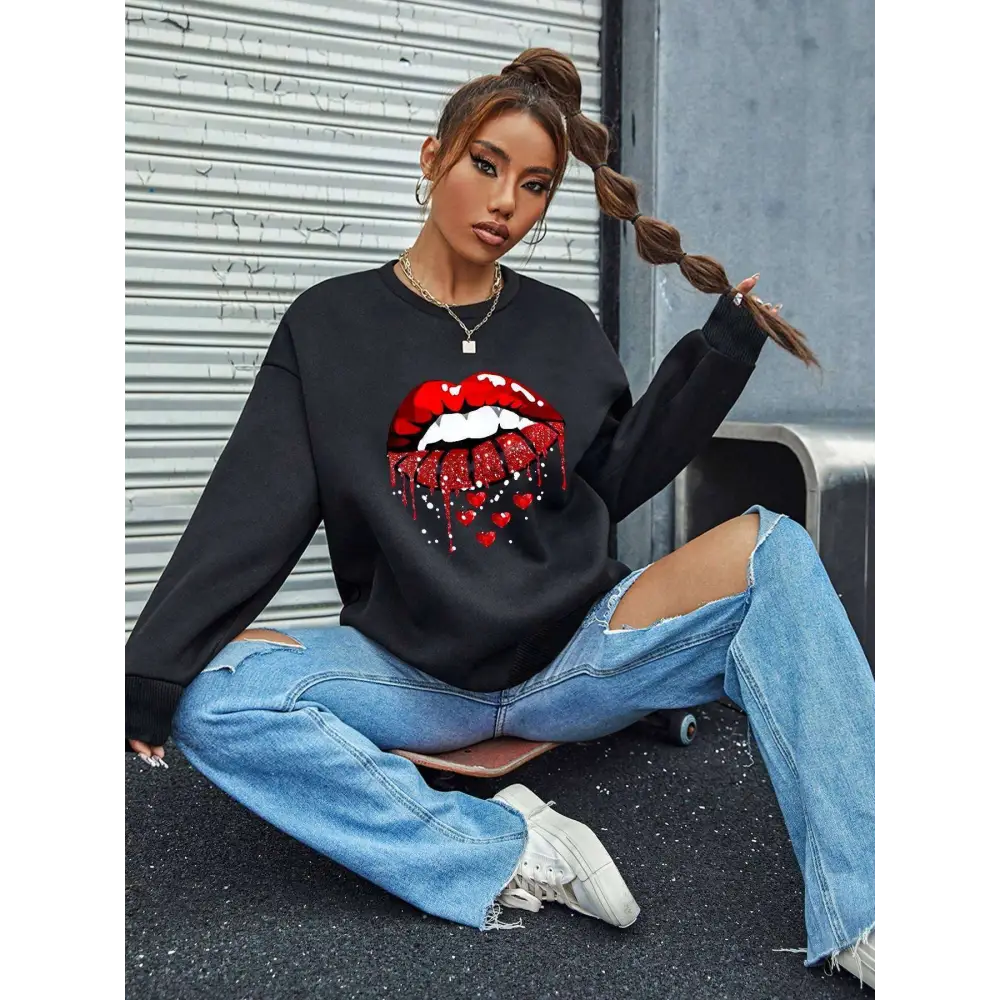 White Glitter Lips Pocketed Long Sleeve Sweatshirt