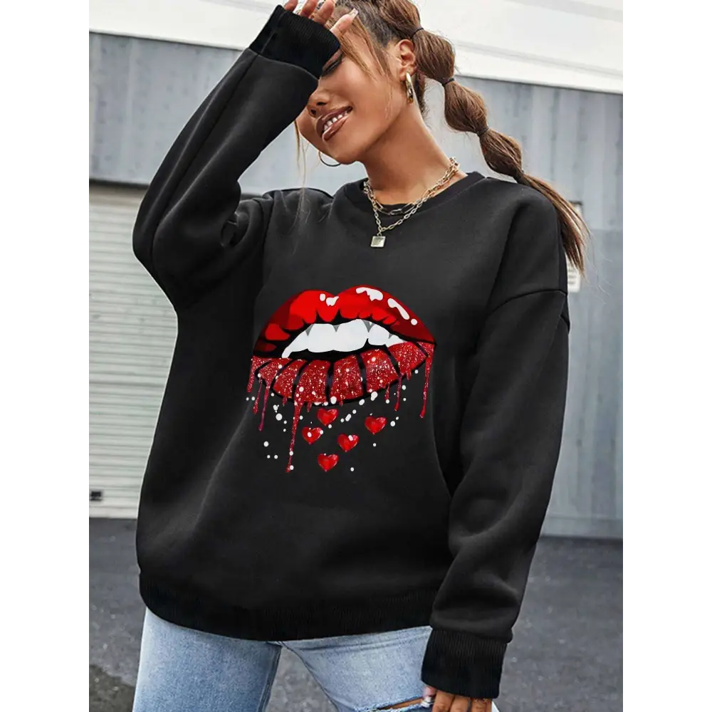 White Glitter Lips Pocketed Long Sleeve Sweatshirt