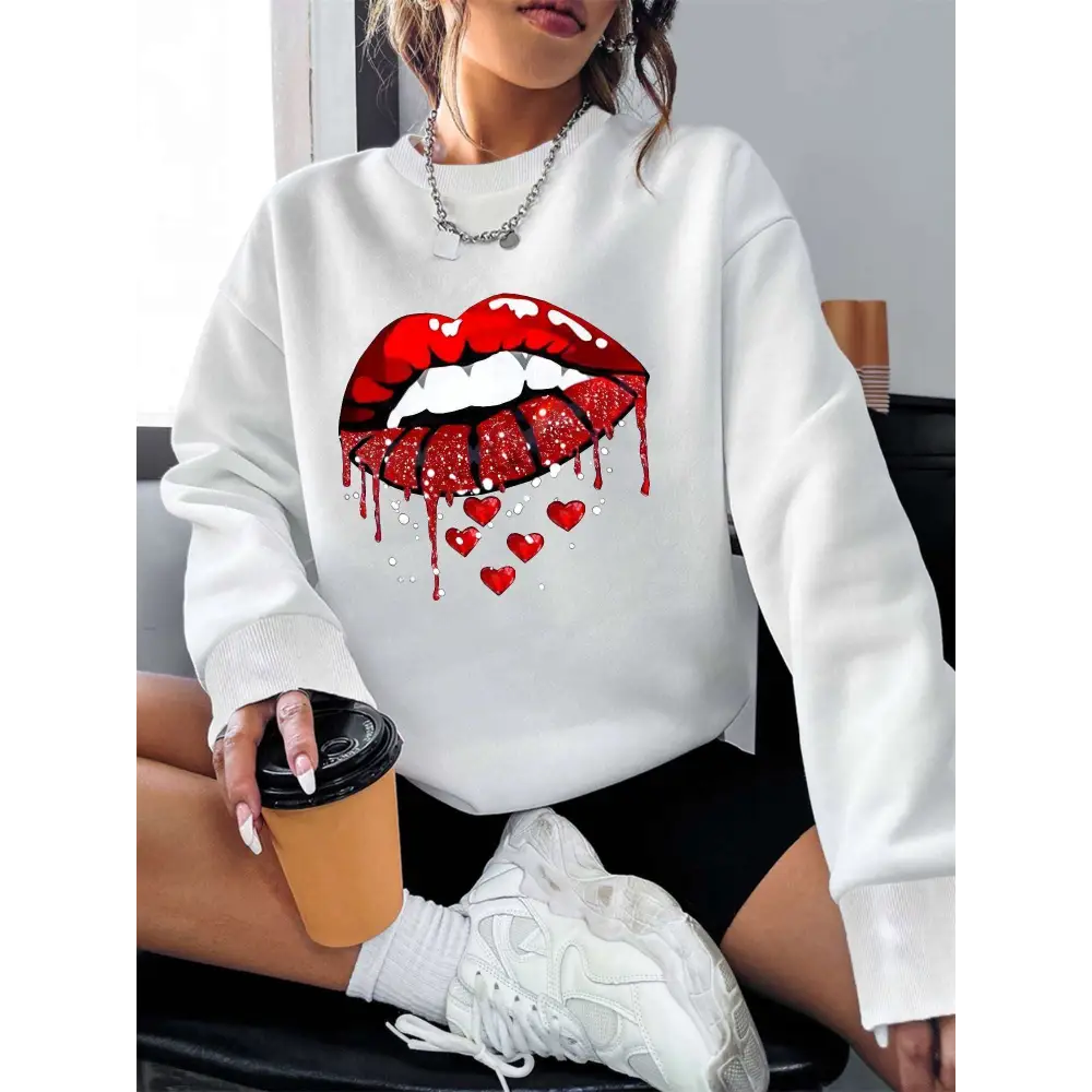 White Glitter Lips Pocketed Long Sleeve Sweatshirt