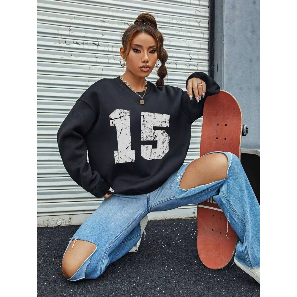 White Number 15 Graphic Crew Neck Sweatshirt