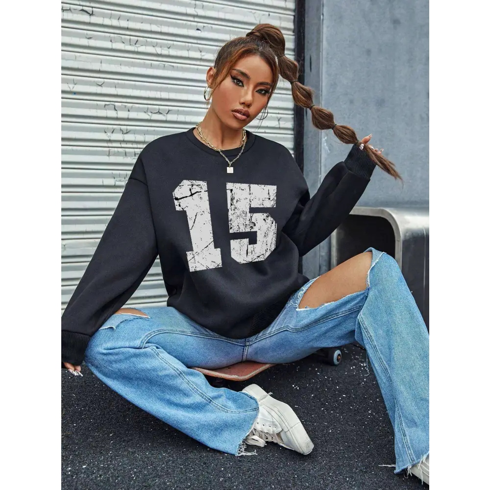 White Number 15 Graphic Crew Neck Sweatshirt