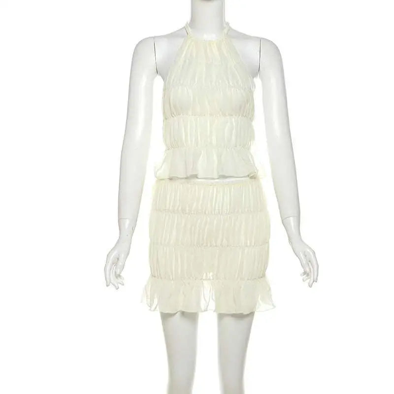 White Pleated Bare Back Lace-up Flounce Skirt Set