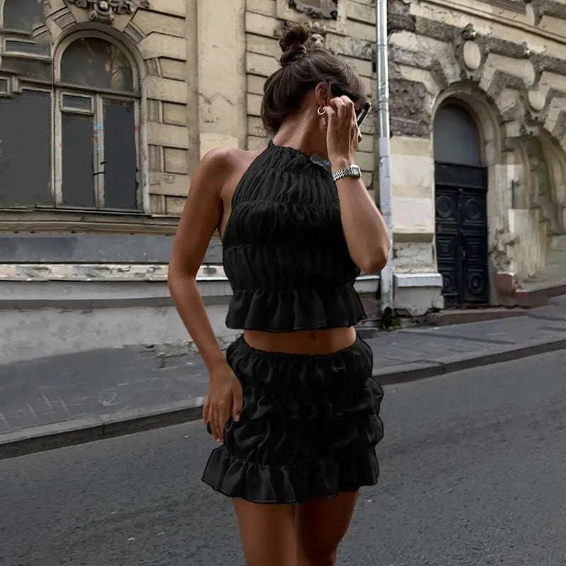 White Pleated Bare Back Lace-up Flounce Skirt Set