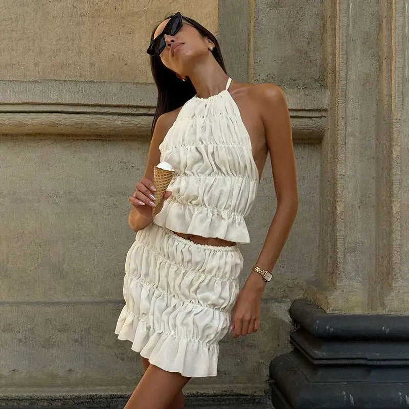 White Pleated Bare Back Lace-up Flounce Skirt Set
