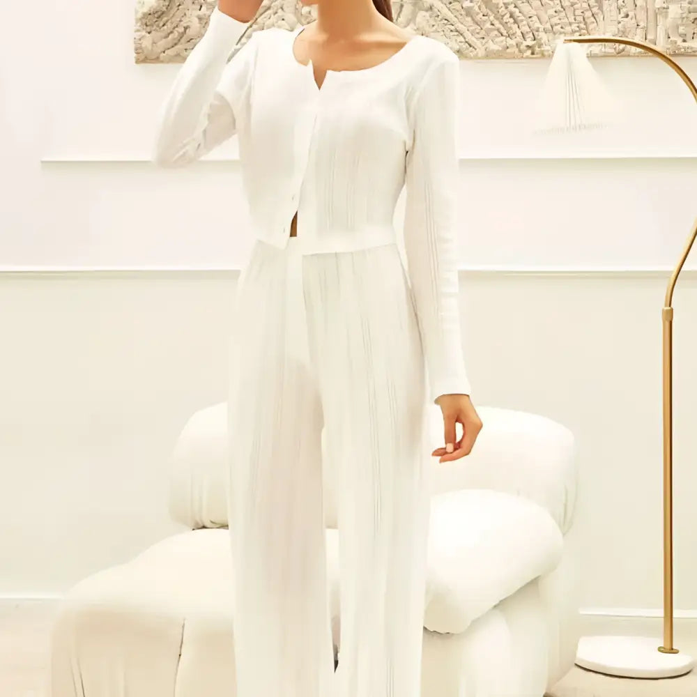 White Ribbed Knit Fashion Cardigan Long Sleeve