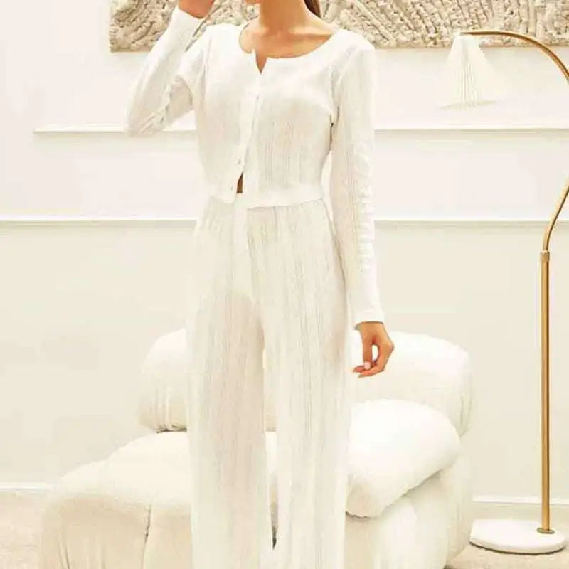 White Ribbed Knit Fashion Cardigan Long Sleeve
