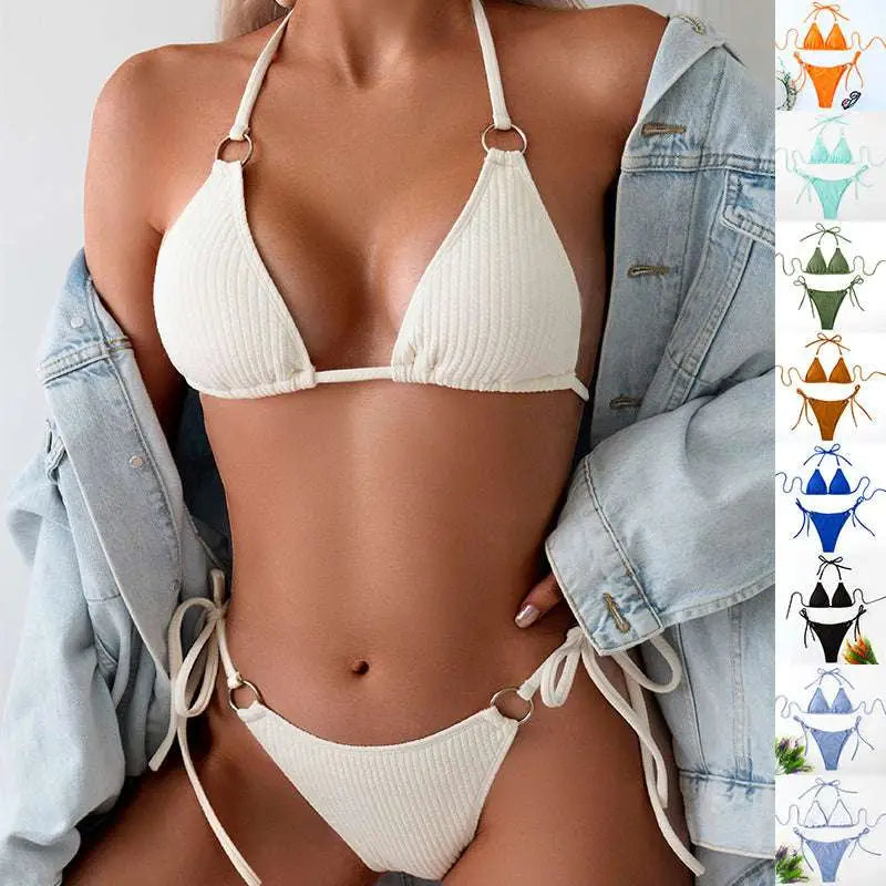White Ribbed Sexy Bikini Set with Gold Ring Accents