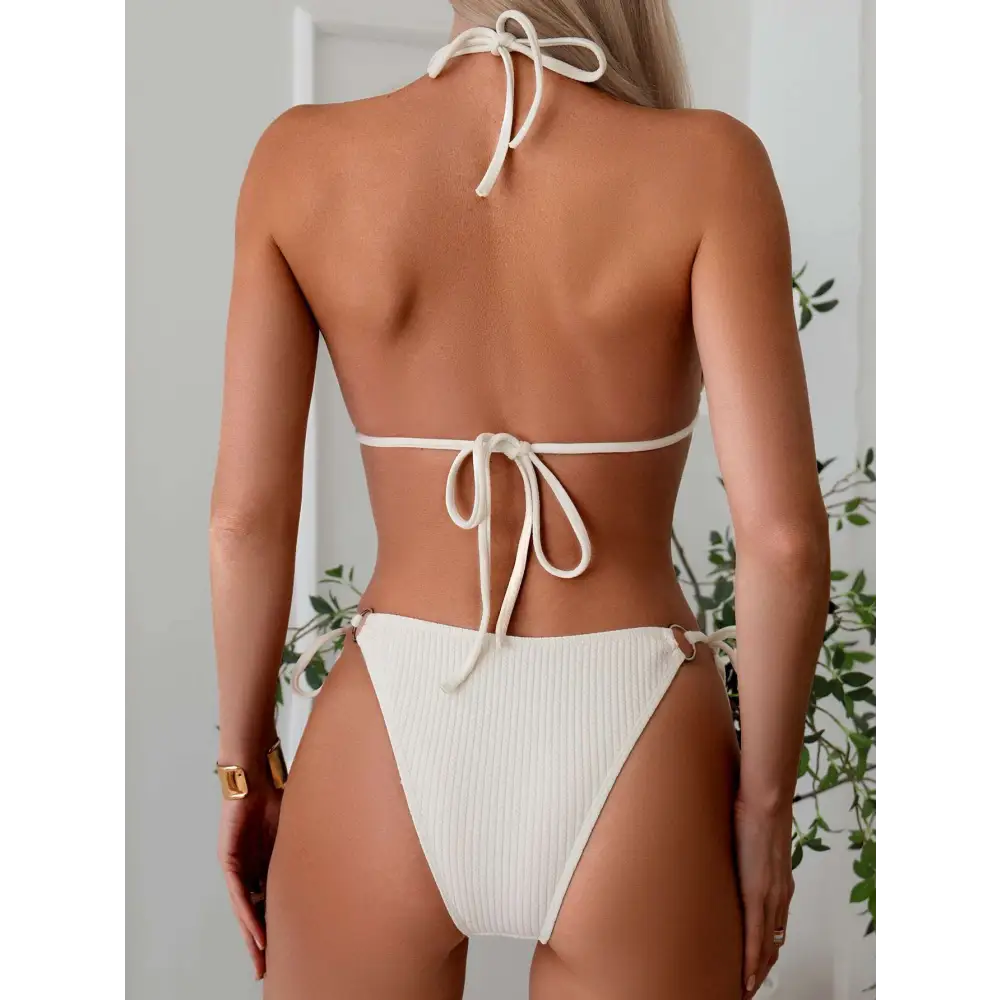 White Ribbed Sexy Bikini Set with Gold Ring Accents
