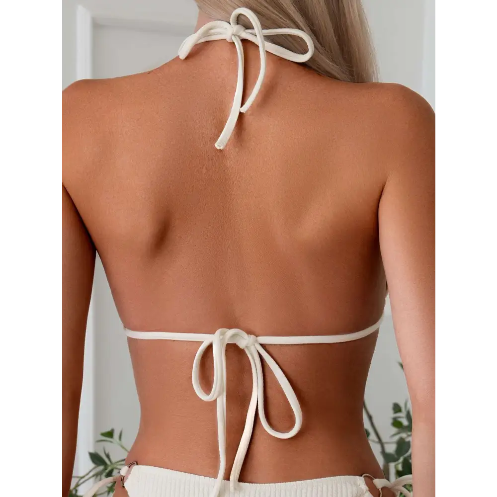 White Ribbed Sexy Bikini Set with Gold Ring Accents