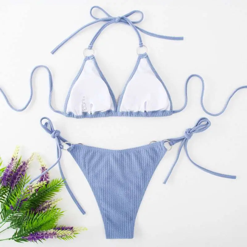 White Ribbed Sexy Bikini Set with Gold Ring Accents