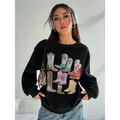 Women Cowboy Boots Print Round Neck Pullover