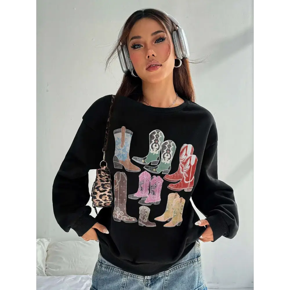 Women Cowboy Boots Print Round Neck Pullover