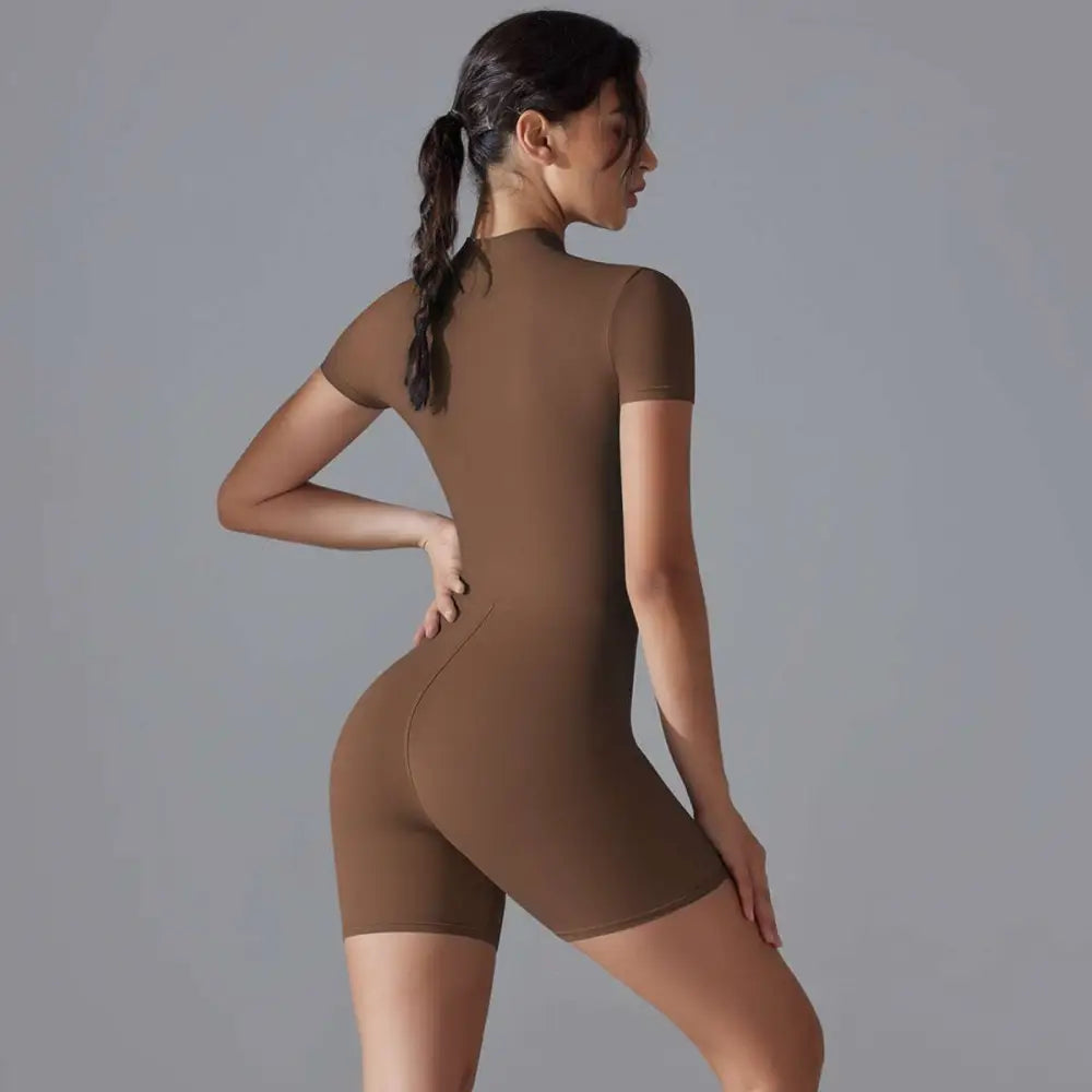 Women Summer Zipper Shorts Jumpsuit Yoga Bodysuit