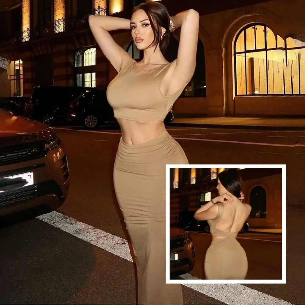 Women Tank Tops Long Skirt Solid Color Two Piece Set