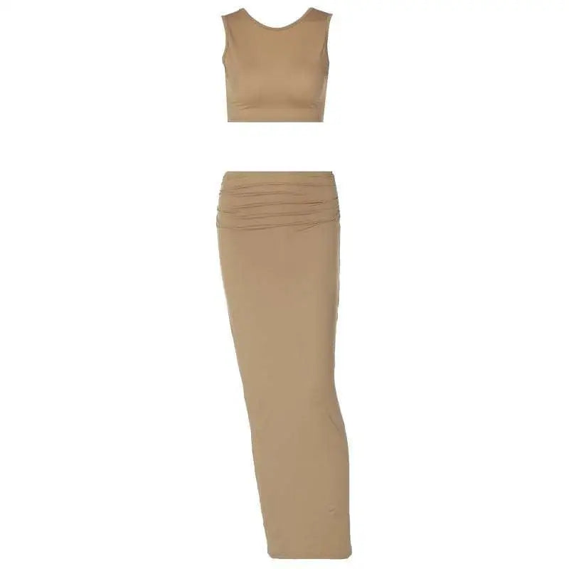Women Tank Tops Long Skirt Solid Color Two Piece Set
