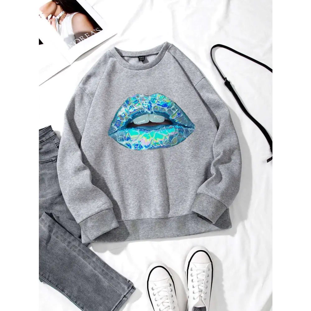 Women's Blue Lips Graphic Crew Neck Long Sleeve Sweatshirt