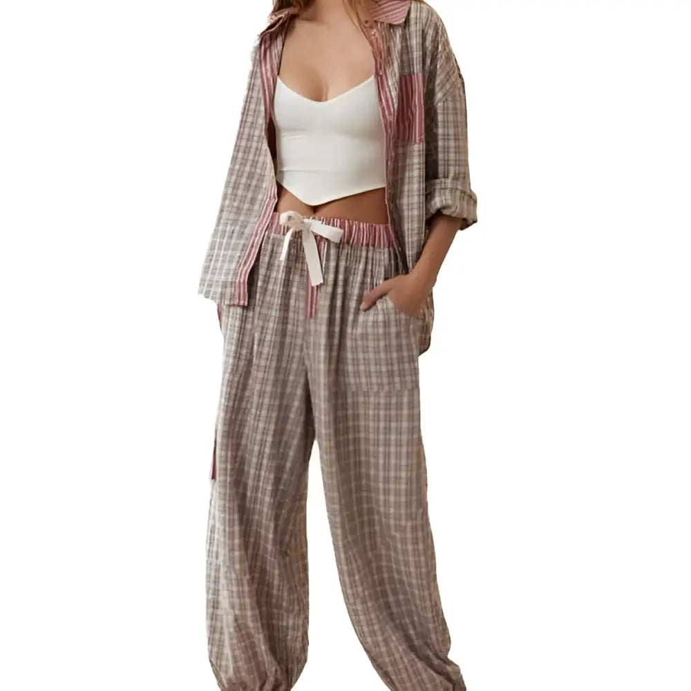 Women's Pink Muted Plaid Shirt Outfit Dressing Gown