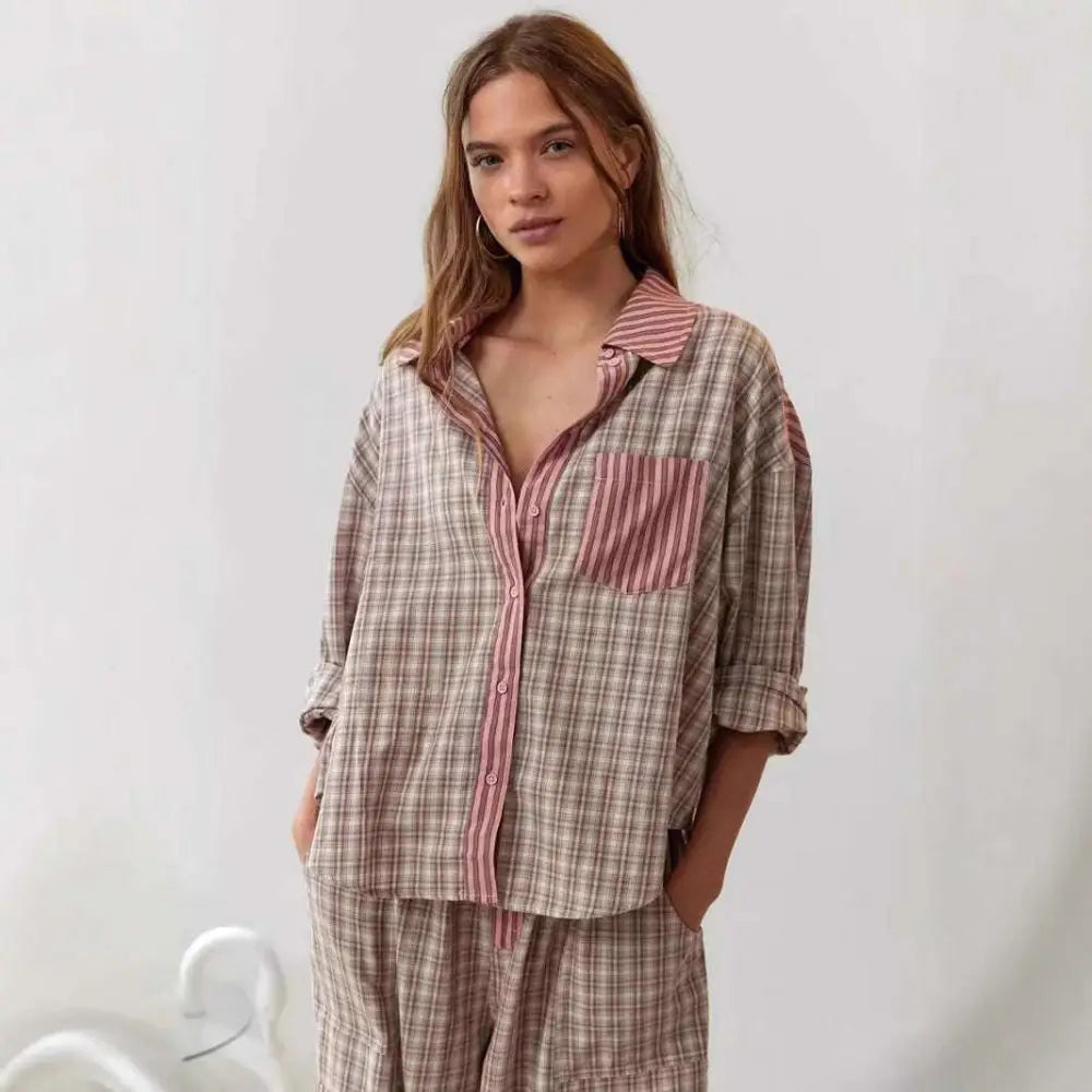 Women's Pink Muted Plaid Shirt Outfit Dressing Gown