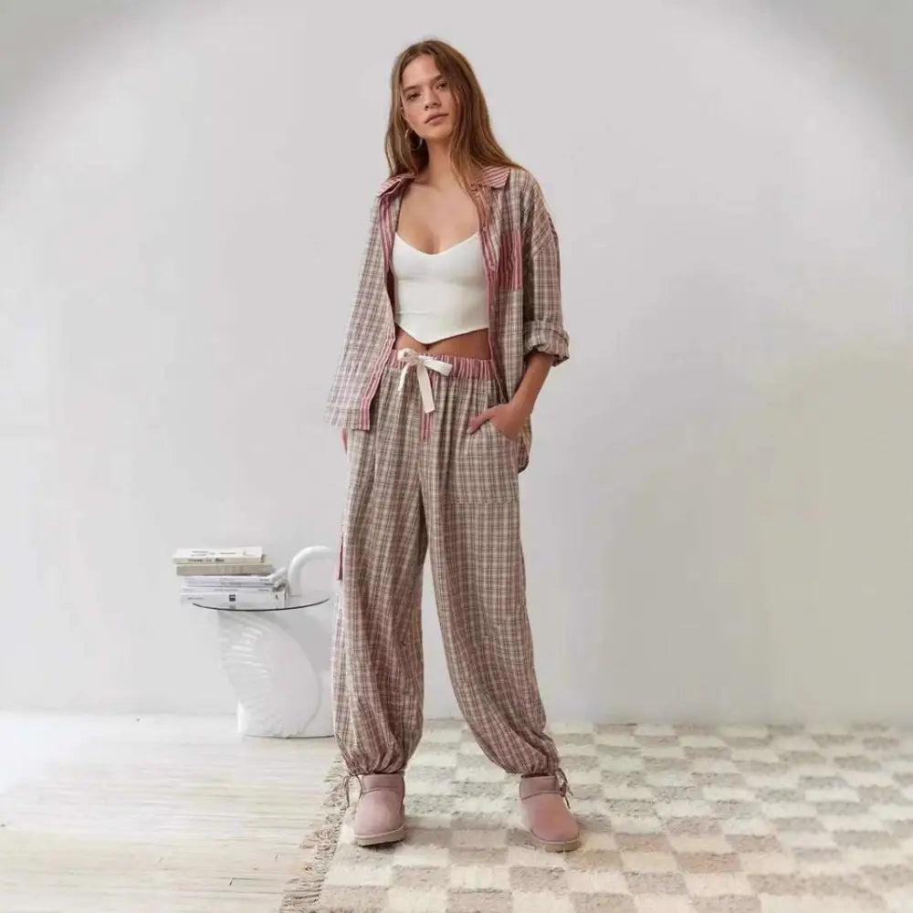 Women's Pink Muted Plaid Shirt Outfit Dressing Gown