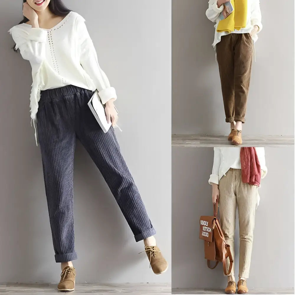 Women’s Plus Size Dark Blue Corduroy Casual Trousers