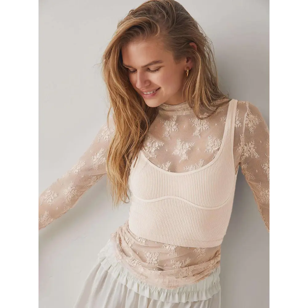 Women’s See-Through Lace Floral Mesh Top