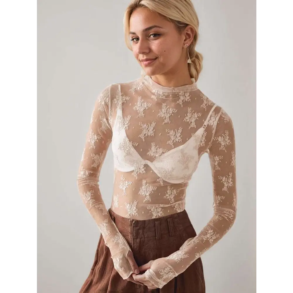 Women’s See-Through Lace Floral Mesh Top
